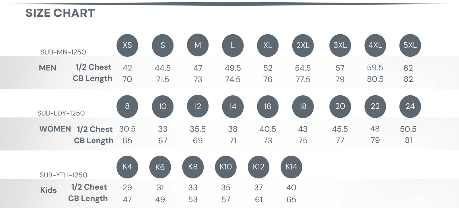 Sublimated AFL Guernsey Size Chart